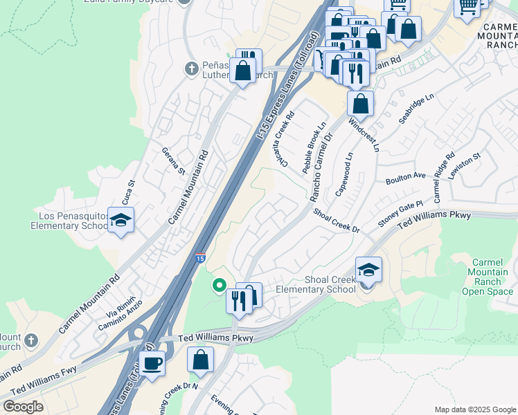 map of restaurants, bars, coffee shops, grocery stores, and more near 10632 Rancho Carmel Drive in San Diego