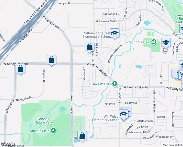 map of restaurants, bars, coffee shops, grocery stores, and more near 119 Manchester Lane in Coppell