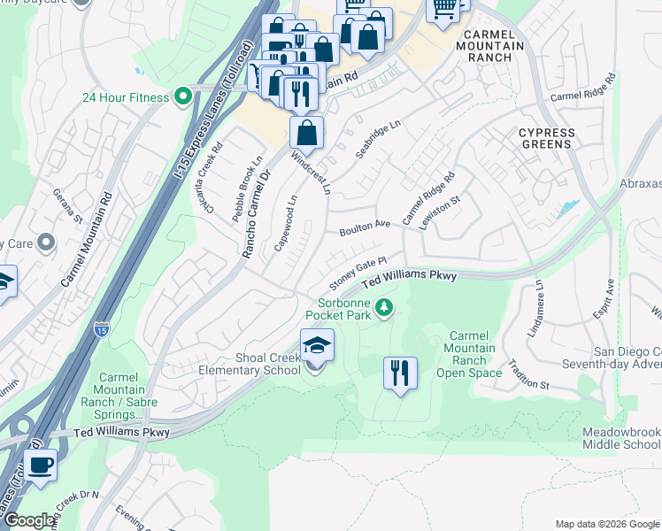 map of restaurants, bars, coffee shops, grocery stores, and more near 11903 Owen Lane in San Diego