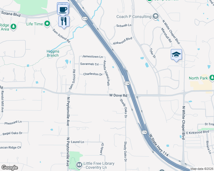map of restaurants, bars, coffee shops, grocery stores, and more near 2308 Amelia Island Path in Southlake