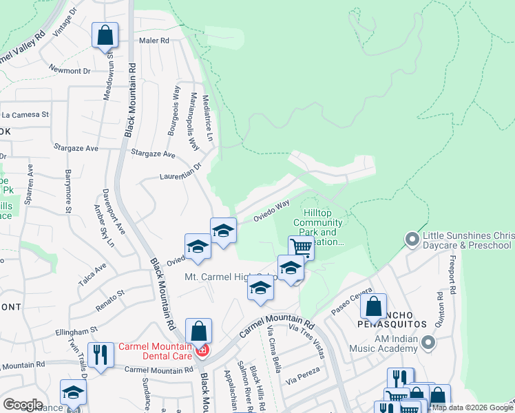 map of restaurants, bars, coffee shops, grocery stores, and more near 9511 Oviedo Street in San Diego