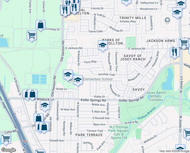 map of restaurants, bars, coffee shops, grocery stores, and more near 1028 Osceola Trail in Carrollton