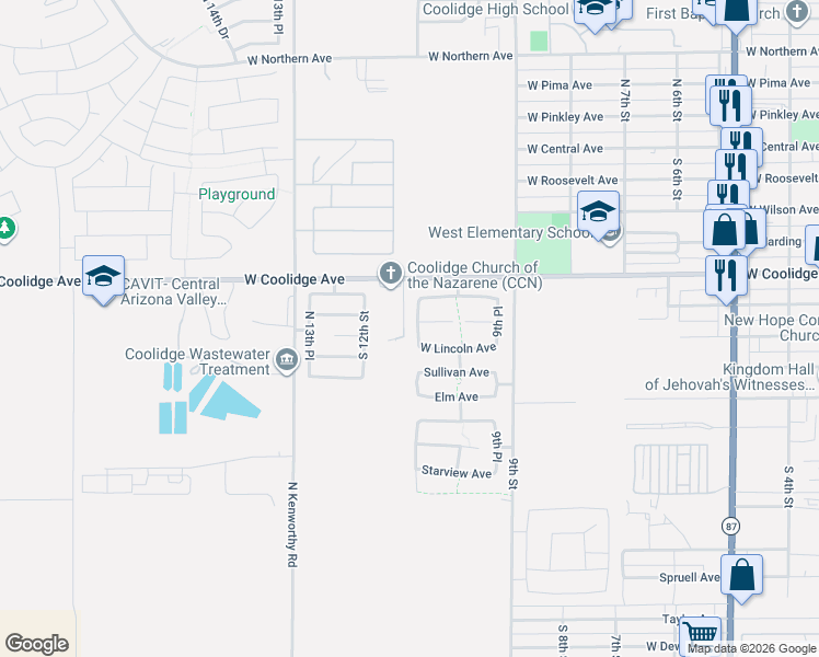 map of restaurants, bars, coffee shops, grocery stores, and more near 708 South 11th Street in Coolidge