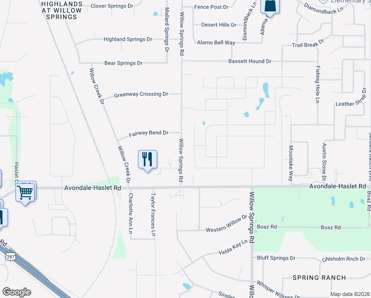 map of restaurants, bars, coffee shops, grocery stores, and more near 13390 Willow Springs Road in Haslet