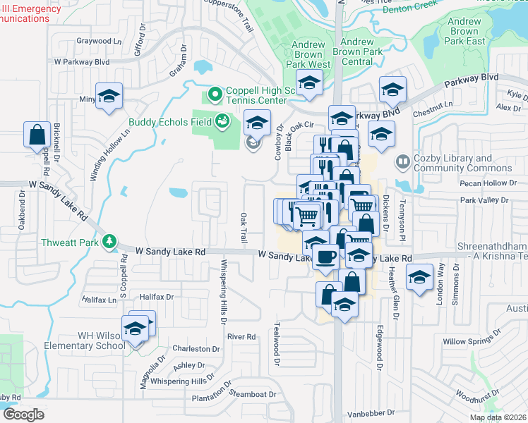 map of restaurants, bars, coffee shops, grocery stores, and more near 136 Shadydale Lane in Coppell
