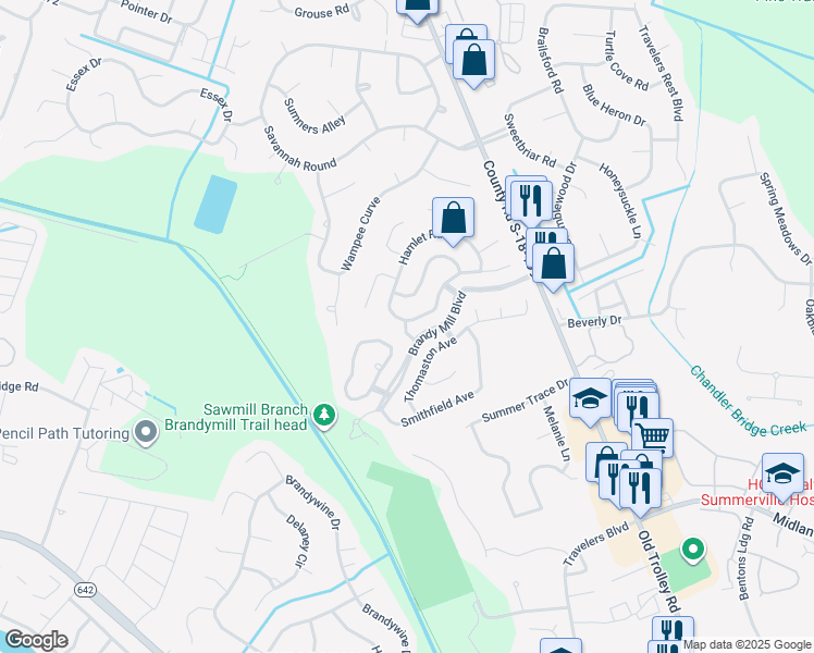 map of restaurants, bars, coffee shops, grocery stores, and more near 118 Wainwright Manor in Summerville