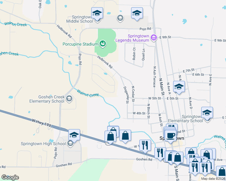 map of restaurants, bars, coffee shops, grocery stores, and more near 503 Dogwood Street in Springtown