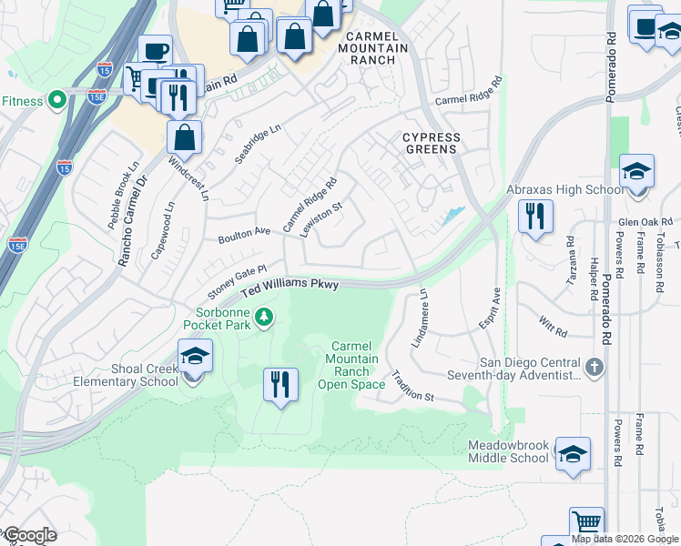 map of restaurants, bars, coffee shops, grocery stores, and more near 11867 Wilmington Road in San Diego
