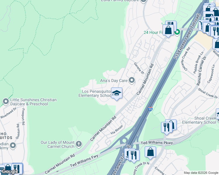 map of restaurants, bars, coffee shops, grocery stores, and more near 10651 Mathieson Street in San Diego