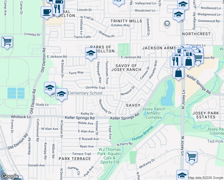 map of restaurants, bars, coffee shops, grocery stores, and more near 1200 Osceola Trail in Carrollton
