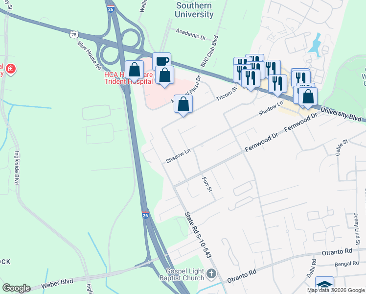 map of restaurants, bars, coffee shops, grocery stores, and more near 2900 Shadow Lane in North Charleston