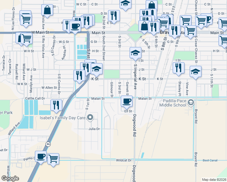 map of restaurants, bars, coffee shops, grocery stores, and more near 677 South 3rd Street in Brawley