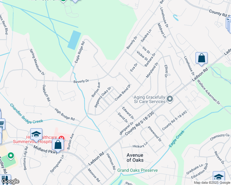 map of restaurants, bars, coffee shops, grocery stores, and more near 68 Regency Oaks Drive in Summerville