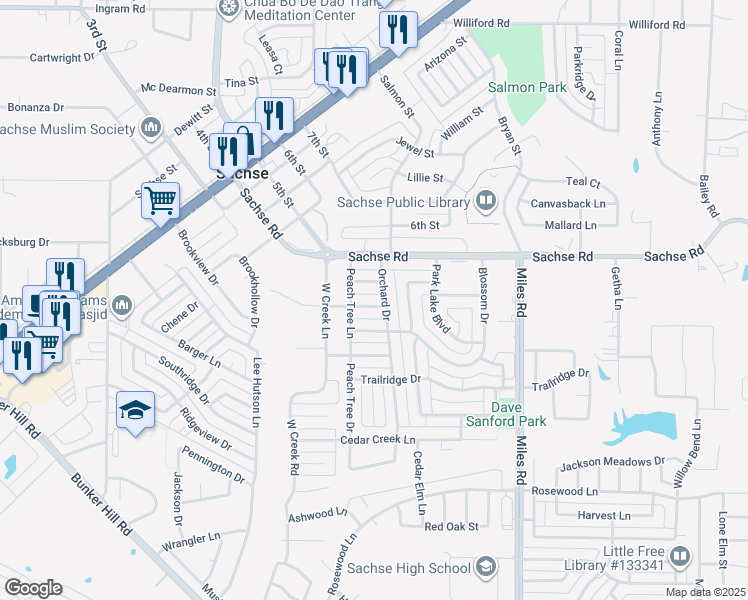 map of restaurants, bars, coffee shops, grocery stores, and more near 3433 Meadow Creek Lane in Sachse