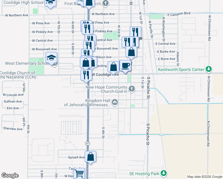 map of restaurants, bars, coffee shops, grocery stores, and more near 348 West Seagoe Avenue in Coolidge