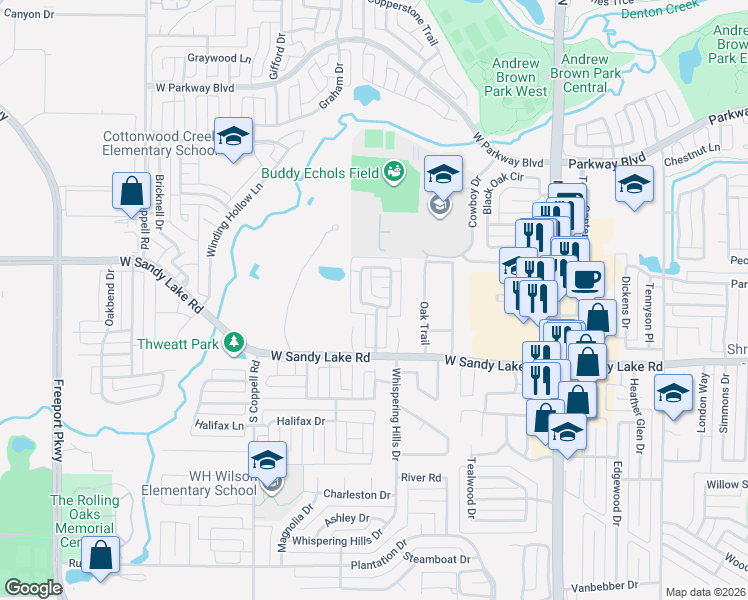 map of restaurants, bars, coffee shops, grocery stores, and more near 448 Leisure Lane in Coppell