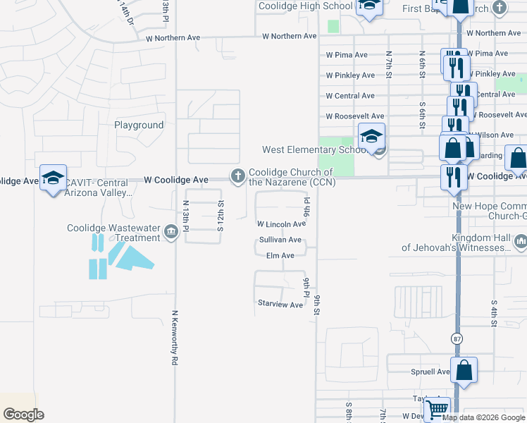 map of restaurants, bars, coffee shops, grocery stores, and more near 1063 Kachina Drive in Coolidge