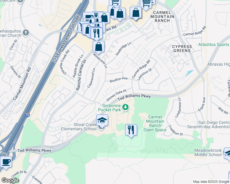 map of restaurants, bars, coffee shops, grocery stores, and more near 14160 Stoney Gate Place in San Diego
