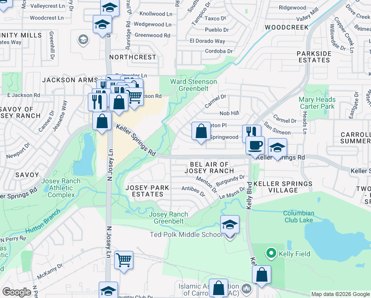 map of restaurants, bars, coffee shops, grocery stores, and more near 2104 Tiburon Way in Carrollton