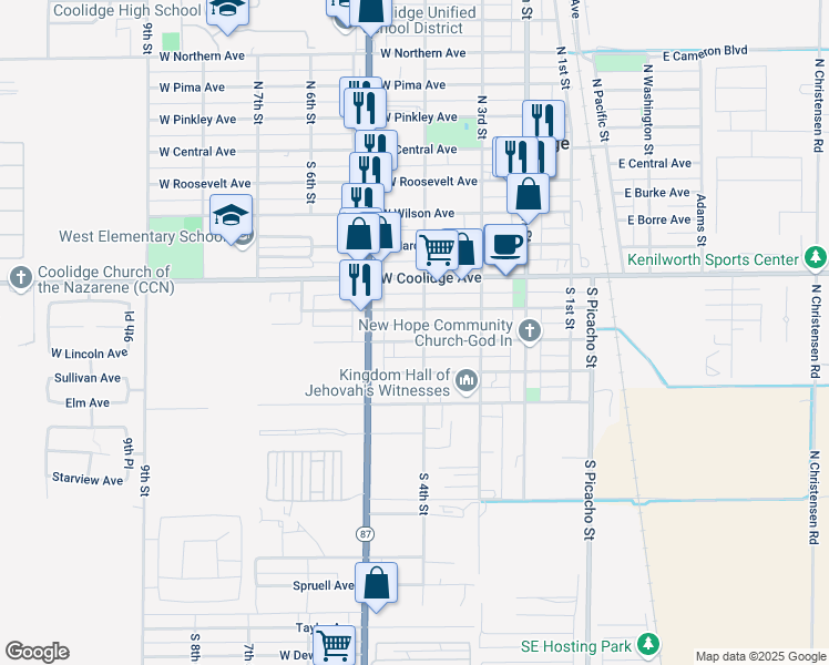 map of restaurants, bars, coffee shops, grocery stores, and more near 404 West Seagoe Avenue in Coolidge