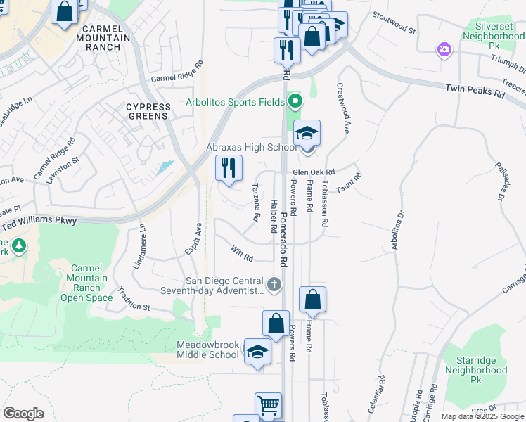 map of restaurants, bars, coffee shops, grocery stores, and more near 14133 Tarzana Road in Poway
