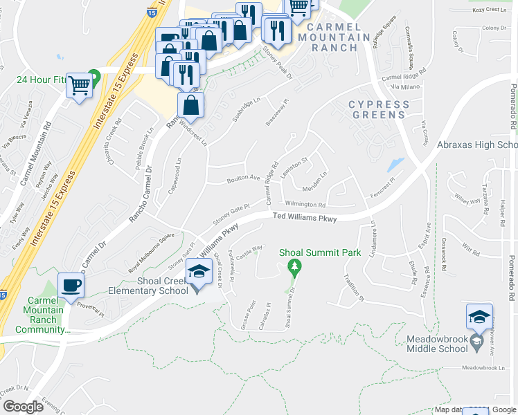 map of restaurants, bars, coffee shops, grocery stores, and more near 14259 Stoney Gate Place in San Diego