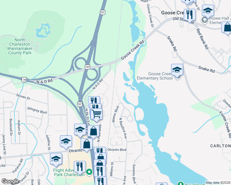 map of restaurants, bars, coffee shops, grocery stores, and more near 43 North Basilica Avenue in Hanahan