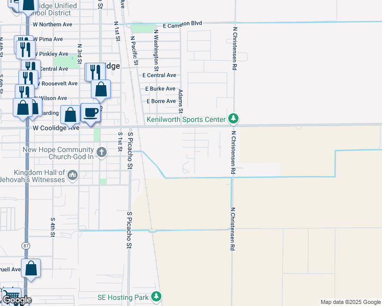 map of restaurants, bars, coffee shops, grocery stores, and more near 714 South Jefferson Street in Coolidge