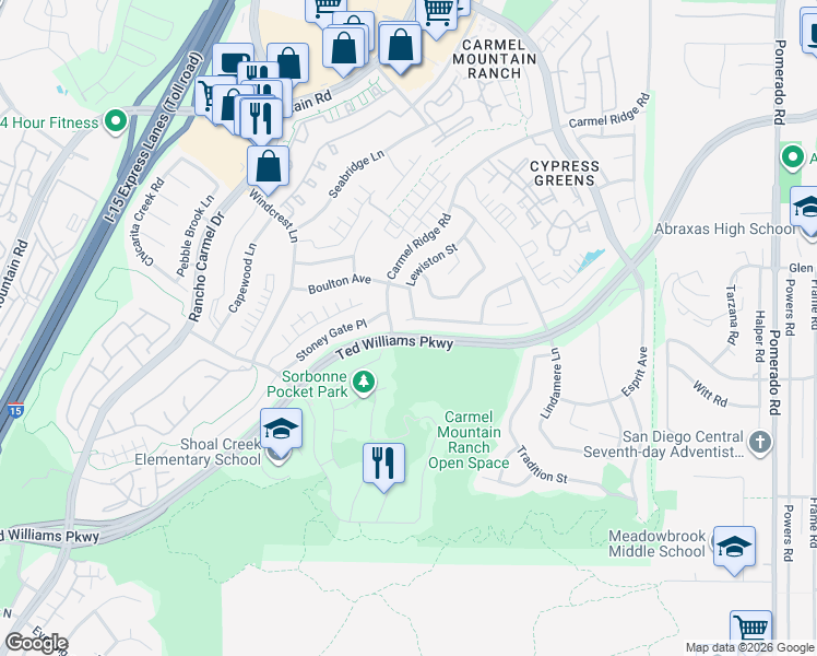 map of restaurants, bars, coffee shops, grocery stores, and more near 11825 Wilmington Road in San Diego