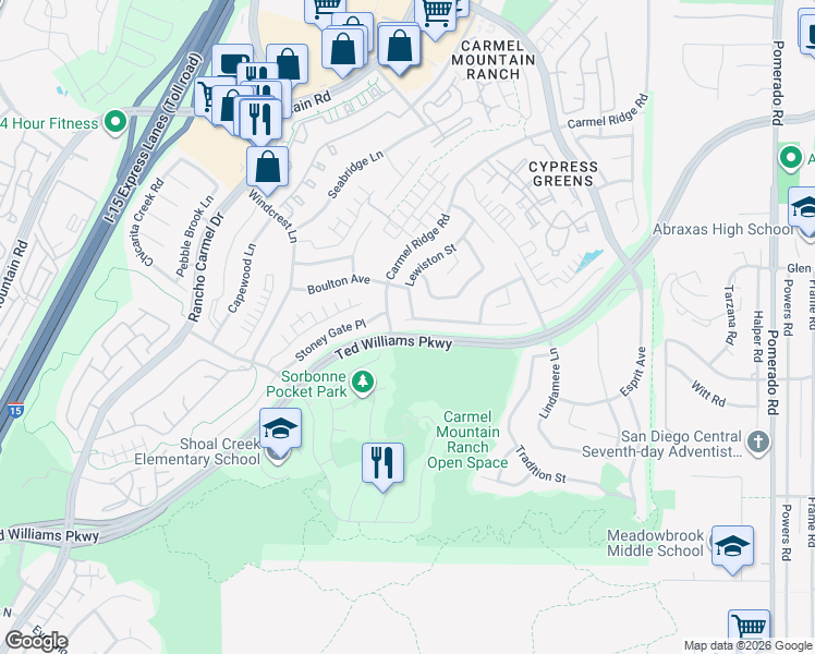 map of restaurants, bars, coffee shops, grocery stores, and more near 11825 Wilmington Road in San Diego