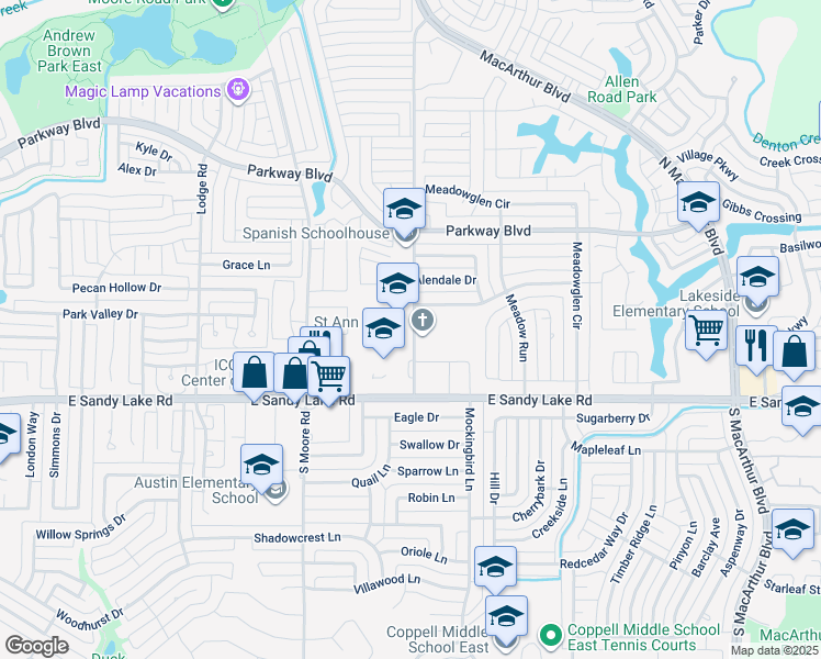 map of restaurants, bars, coffee shops, grocery stores, and more near 206 Samuel Boulevard in Coppell