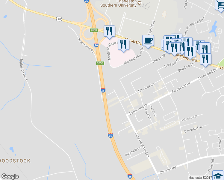 map of restaurants, bars, coffee shops, grocery stores, and more near 2970 State Road S-10-1626 in North Charleston