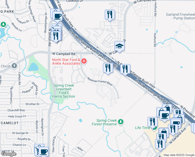 map of restaurants, bars, coffee shops, grocery stores, and more near 6310 Naaman Forest Boulevard in Garland