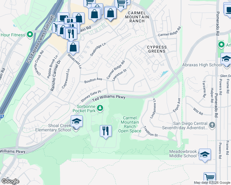 map of restaurants, bars, coffee shops, grocery stores, and more near 11825 Wilmington Road in San Diego