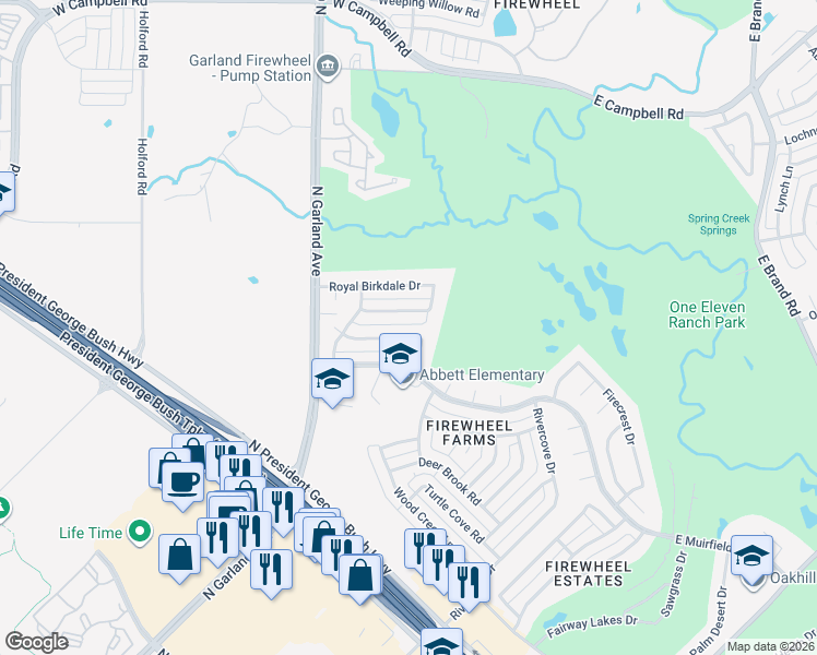 map of restaurants, bars, coffee shops, grocery stores, and more near 717 Singing Hills Drive in Garland