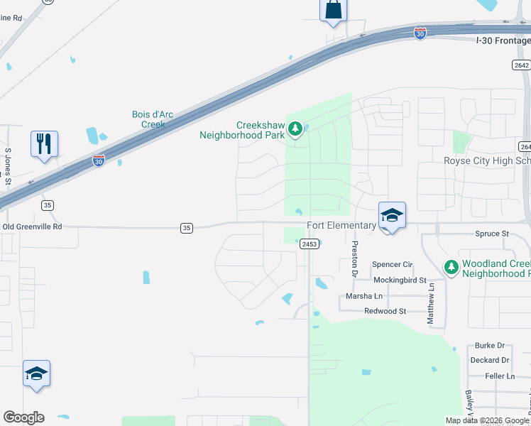 map of restaurants, bars, coffee shops, grocery stores, and more near Farm to Market 35 in Royse City