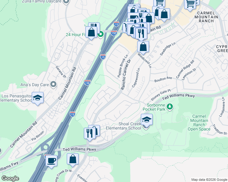 map of restaurants, bars, coffee shops, grocery stores, and more near 10670 Rancho Carmel Drive in San Diego