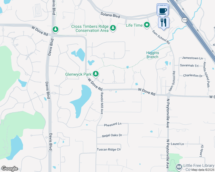 map of restaurants, bars, coffee shops, grocery stores, and more near 1608 Fair Oaks Drive in Westlake