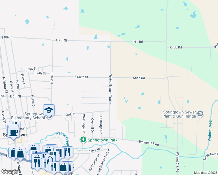 map of restaurants, bars, coffee shops, grocery stores, and more near 1130 Knob Road in Springtown