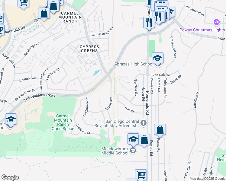map of restaurants, bars, coffee shops, grocery stores, and more near 13815 Esprit Avenue in San Diego