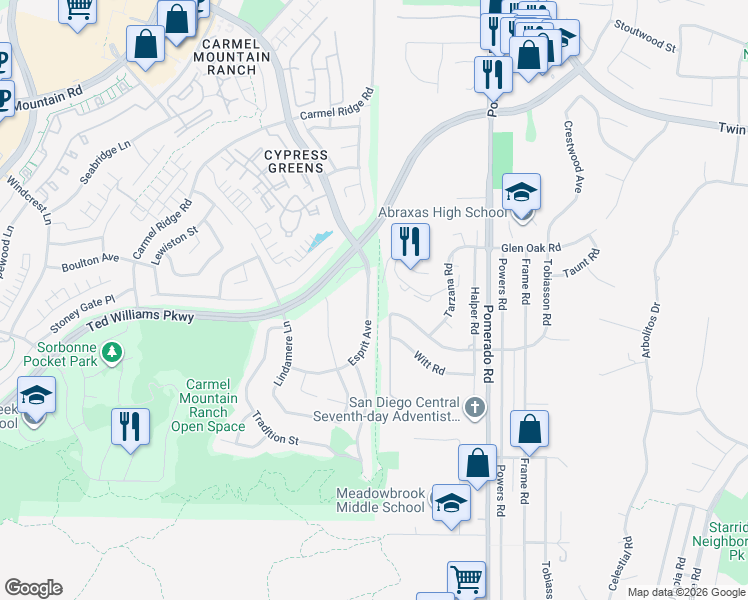 map of restaurants, bars, coffee shops, grocery stores, and more near 13815 Esprit Avenue in San Diego