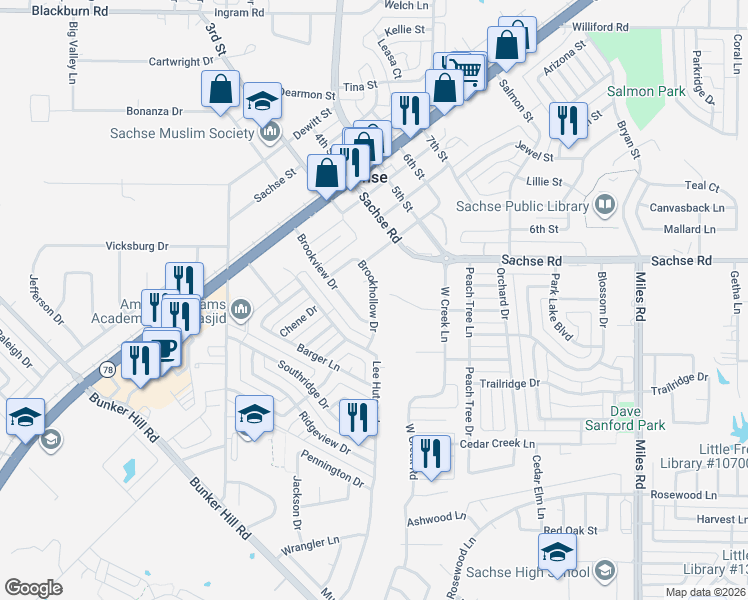 map of restaurants, bars, coffee shops, grocery stores, and more near 3202 Meadow Creek Lane in Sachse