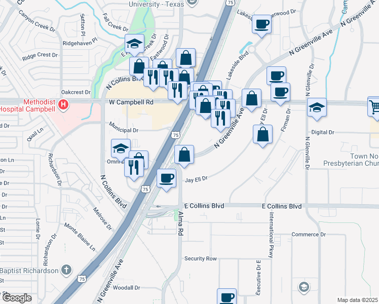map of restaurants, bars, coffee shops, grocery stores, and more near 1705 North Greenville Avenue in Richardson