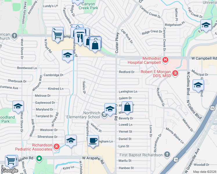 map of restaurants, bars, coffee shops, grocery stores, and more near 509 Worcester Way in Richardson