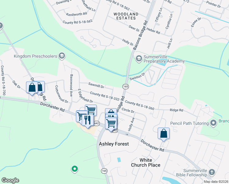 map of restaurants, bars, coffee shops, grocery stores, and more near 102 West Edgefield Drive in Summerville