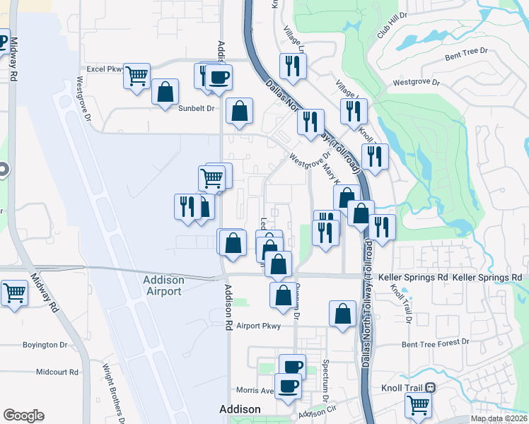 map of restaurants, bars, coffee shops, grocery stores, and more near 16301 Ledgemont Lane in Addison