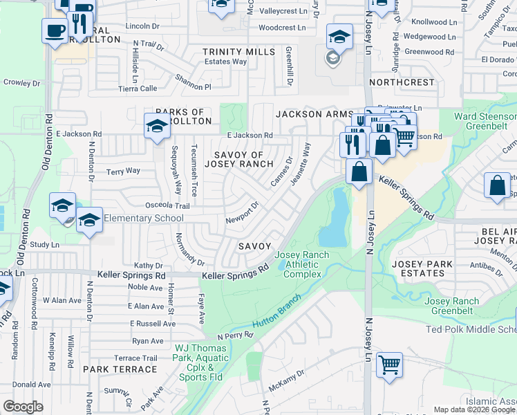 map of restaurants, bars, coffee shops, grocery stores, and more near 1314 Newport Drive in Carrollton
