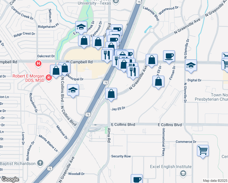 map of restaurants, bars, coffee shops, grocery stores, and more near 1705 North Greenville Avenue in Richardson