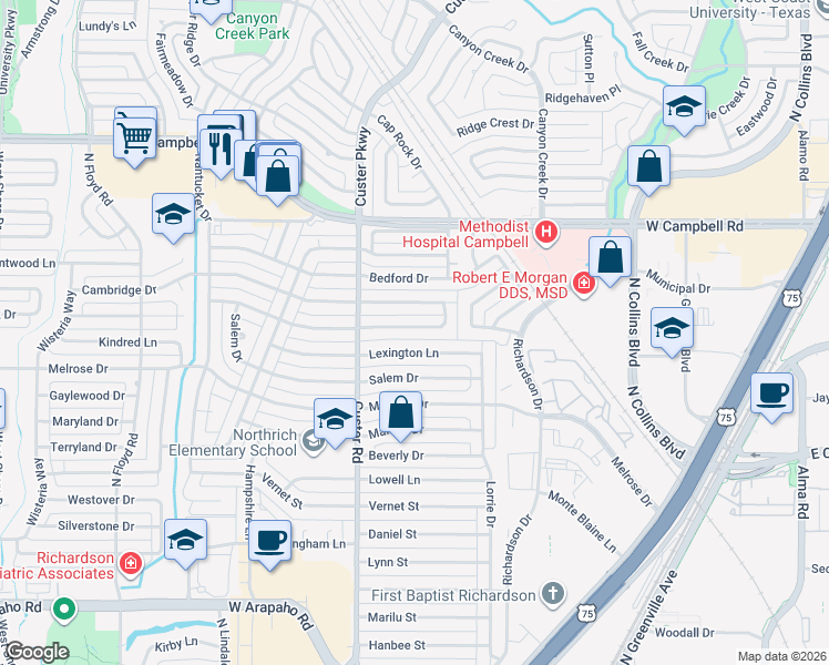 map of restaurants, bars, coffee shops, grocery stores, and more near 422 Lexington Lane in Richardson