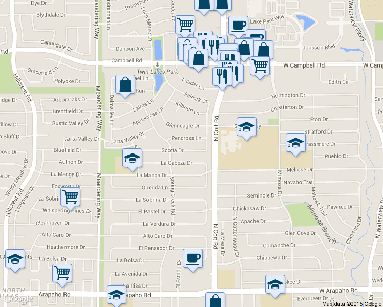 map of restaurants, bars, coffee shops, grocery stores, and more near 7845 La Cabeza Drive in Dallas